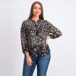 Daniel Rainn Women Floral Black and Cream with Tassels Floral Blouse Size PS